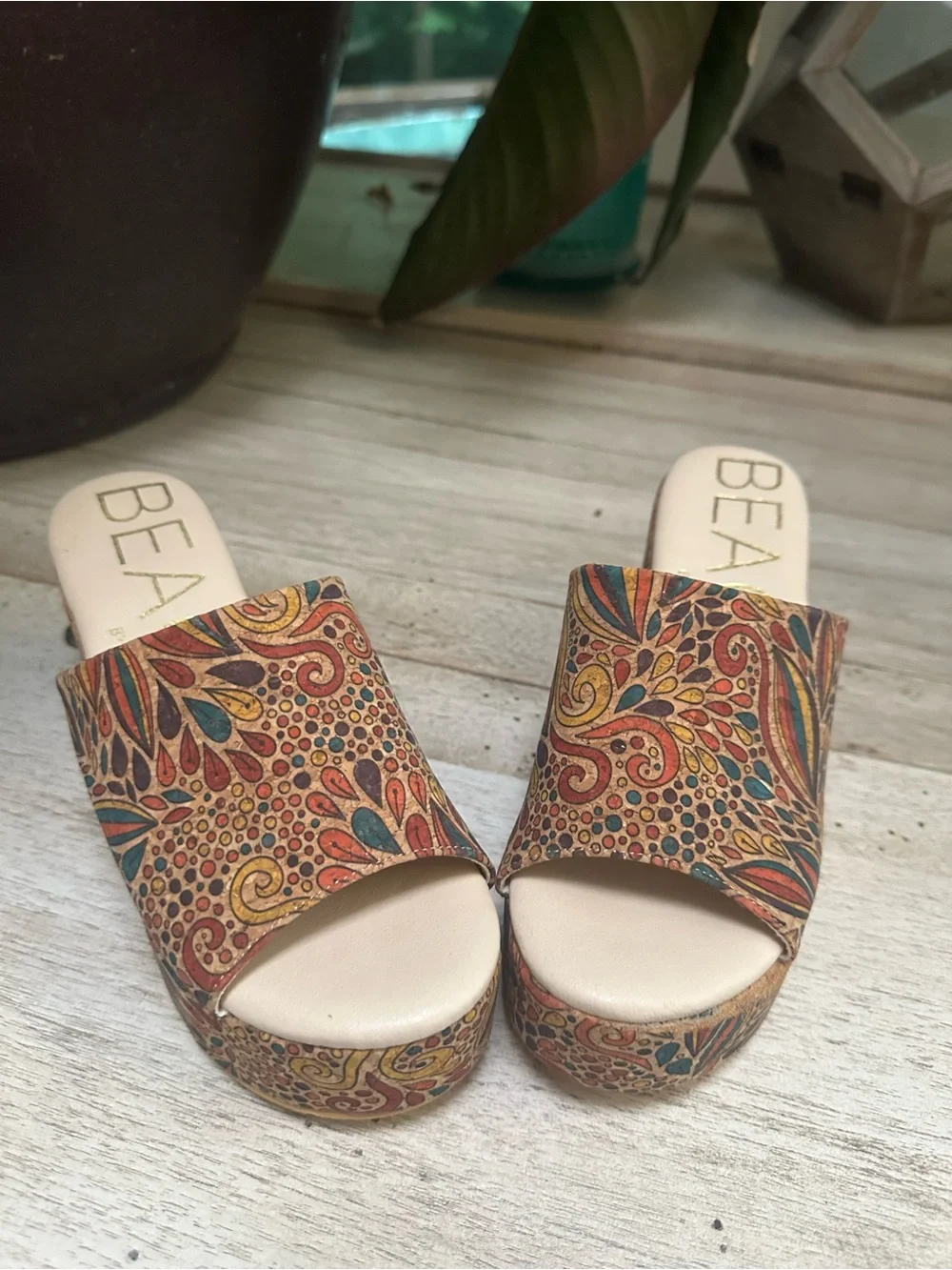 Beaded Floral-Print Platform Wedge Slides in Multicolor